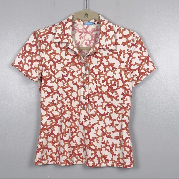 J. McLaughlin coral print short sleeve polo style shirt, size XS. - Picture 1 of 7